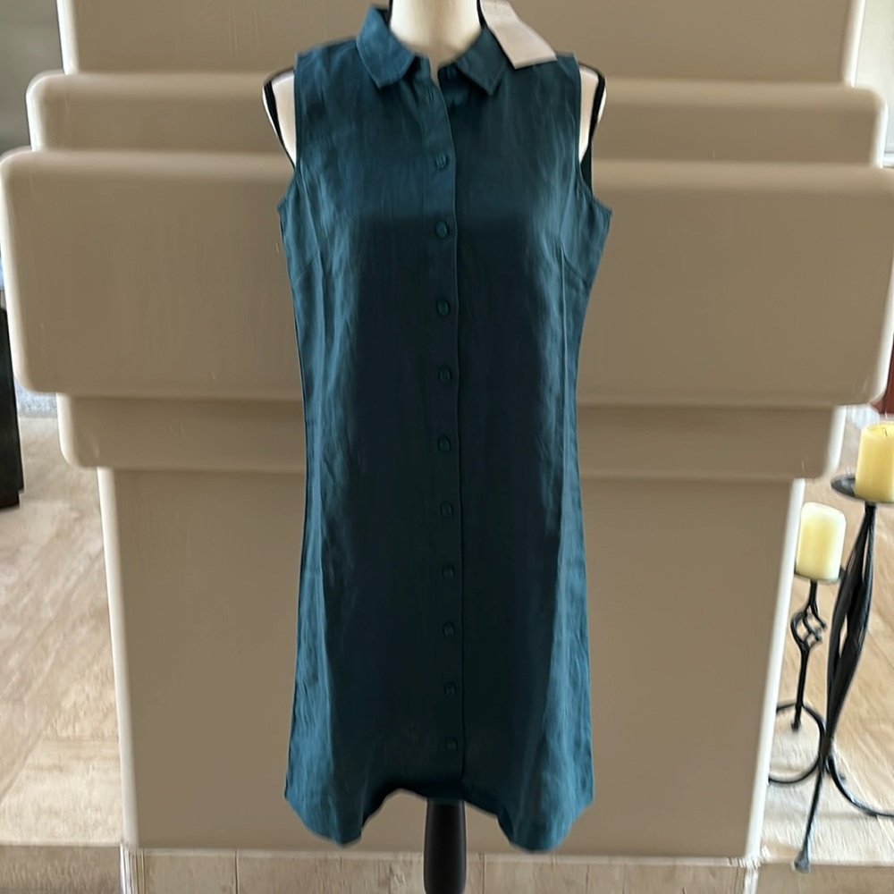 Garnet Hill 100% Linen Button Front Dress. Dark Green. NWT. Size 4.